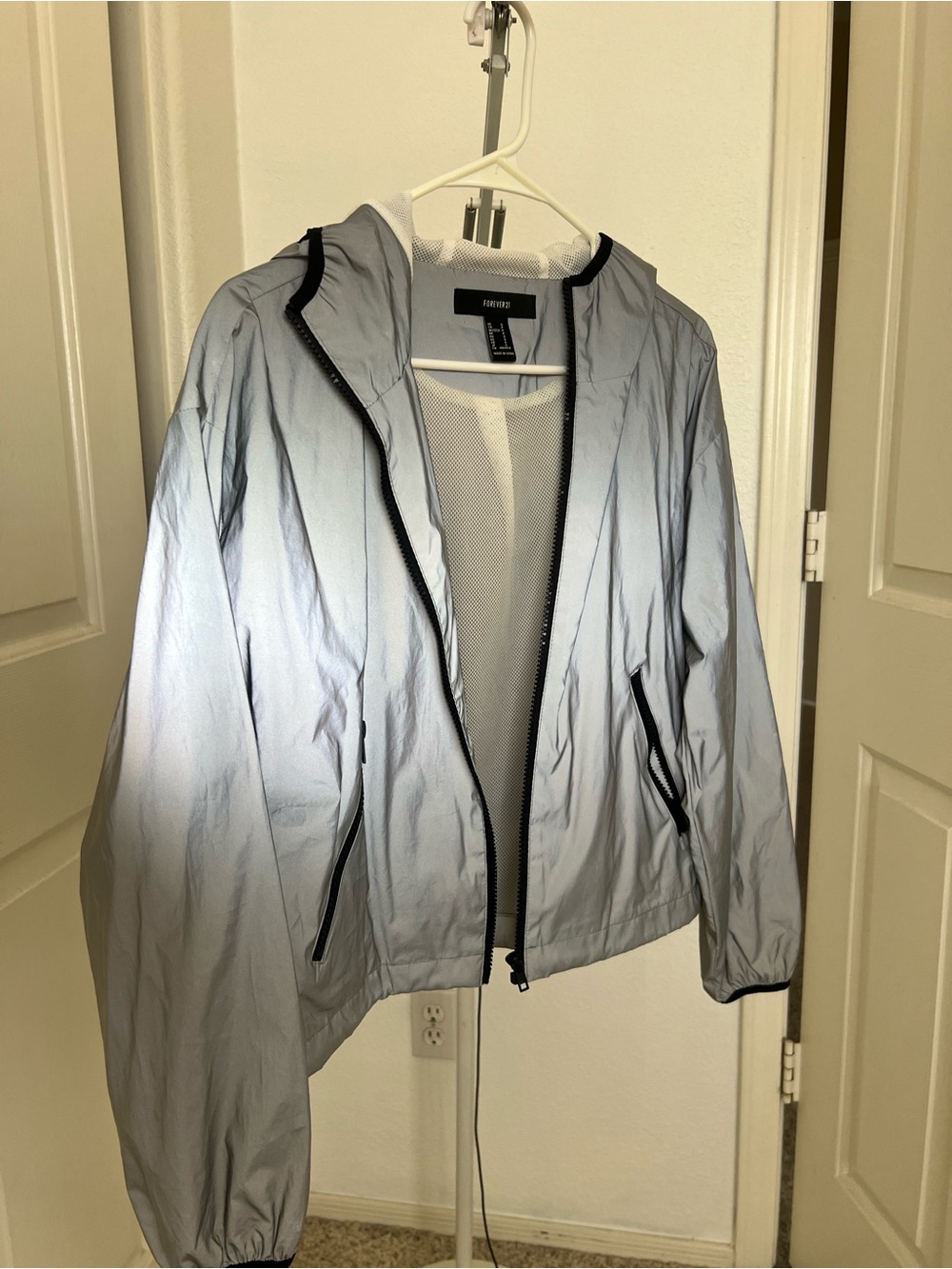 Forever 21 Light Gray Hooded Windbreaker with Black Trim